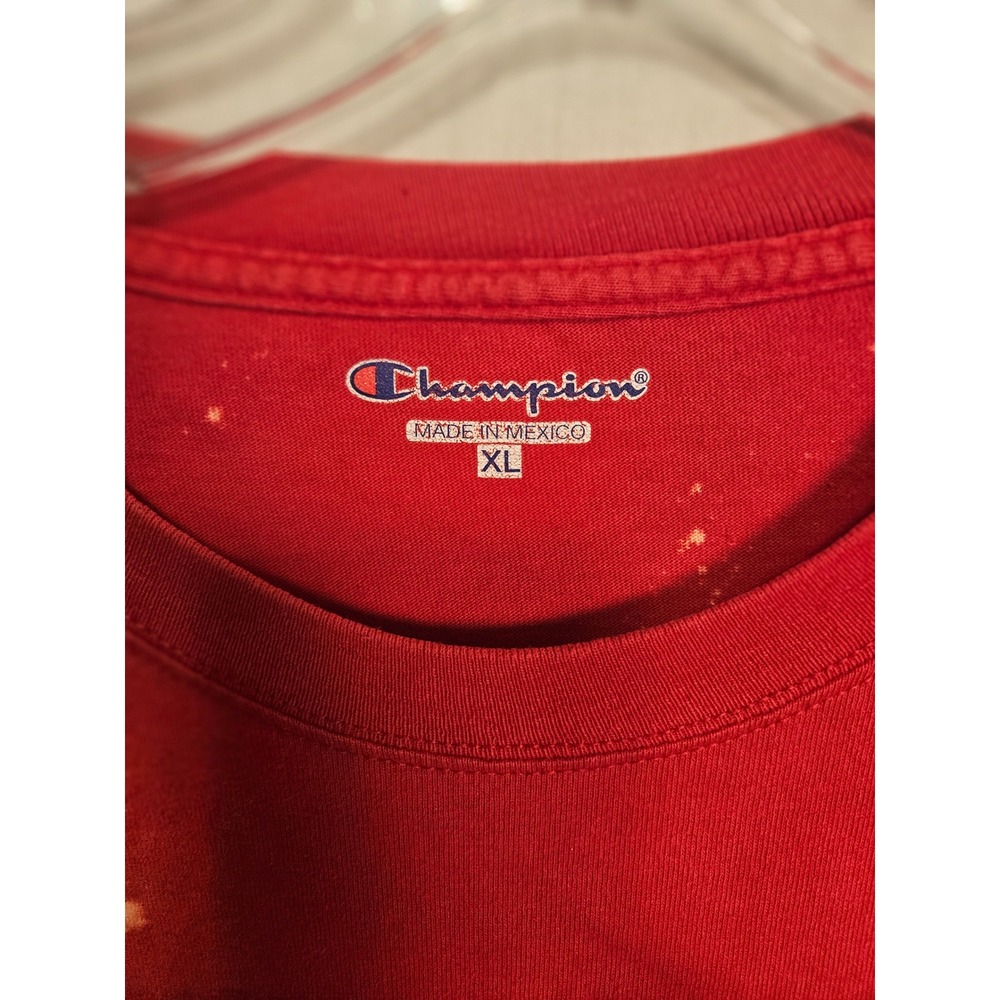 Champion Mens XL Red Bleach Dye Tie Dye Short Sleeve T-Shirt Embroidered vintage - Picture 5 of 7